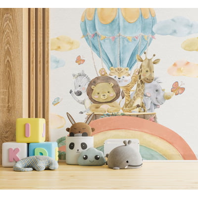 Papel de Parede Infantil Animais Safári Balão