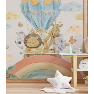 Papel de Parede Infantil Animais Safári Balão