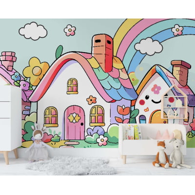 Papel de Parede Infantil Arco Íris Colorido Casinha - VR733