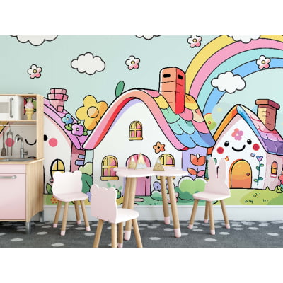 Papel de Parede Infantil Arco Íris Colorido Casinha - VR733