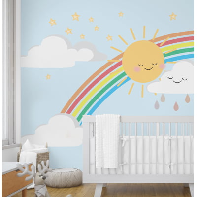 Papel de Parede Infantil Arco-Íris Sol Nuvem