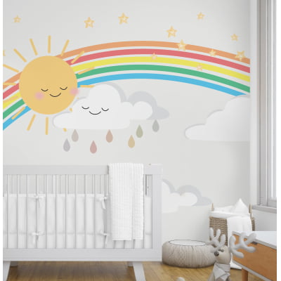 Papel de Parede Infantil Arco-Íris Sol Nuvem