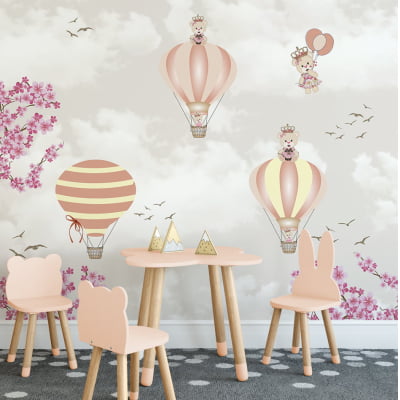 Papel de Parede infantil balões ursinho princesa floral - VR684