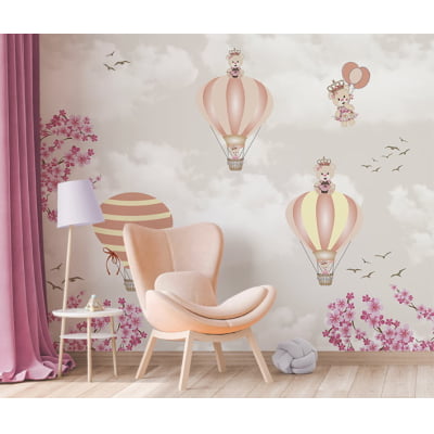 Papel de Parede infantil balões ursinho princesa floral - VR684