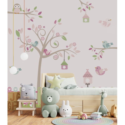 Papel de Parede infantil bebê árvore floral passarinhos colorido - VR682