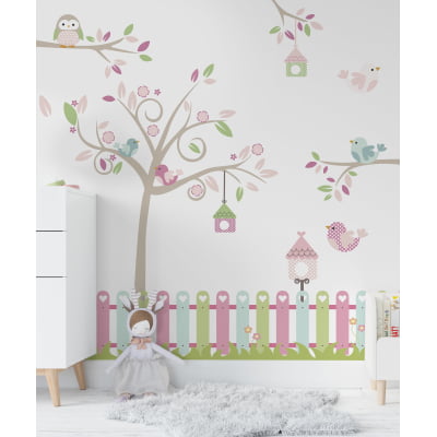 Papel de Parede infantil bebê árvore floral passarinhos colorido - VR682