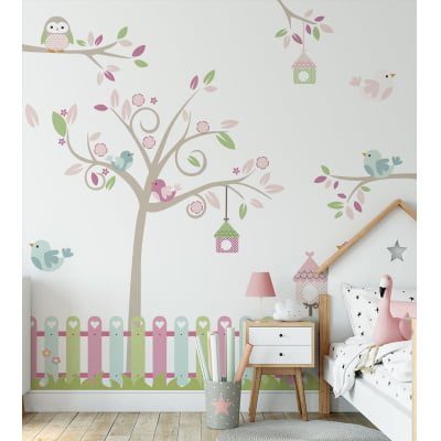 Papel de Parede infantil bebê árvore floral passarinhos colorido - VR682