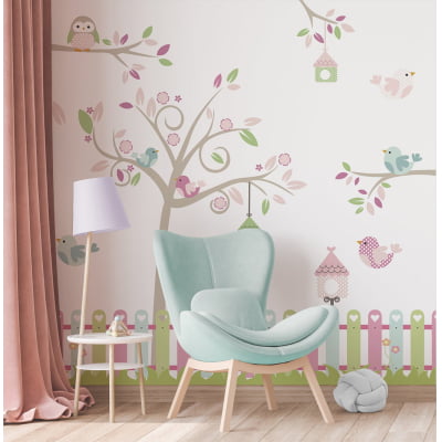 Papel de Parede infantil bebê árvore floral passarinhos colorido - VR682