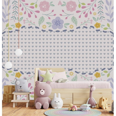 Papel de Parede infantil bebê floral jardim flores coloridas corações - VR681