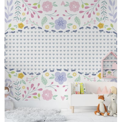 Papel de Parede infantil bebê floral jardim flores coloridas corações - VR681