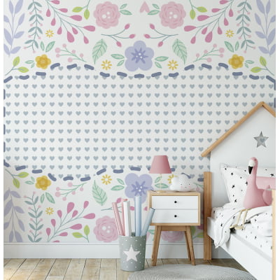 Papel de Parede infantil bebê floral jardim flores coloridas corações - VR681