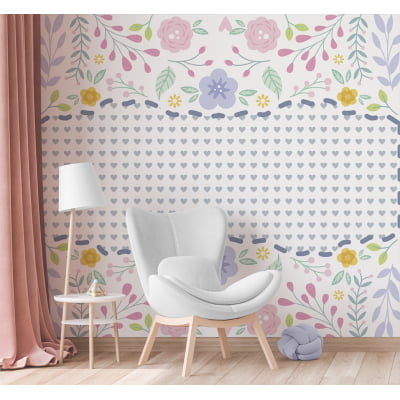 Papel de Parede infantil bebê floral jardim flores coloridas corações - VR681