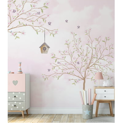 Papel de Parede Infantil Casinha de Pássaros e Árvore Floral - VR312