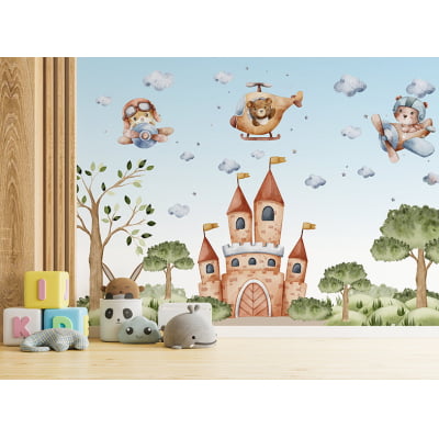 Papel de Parede Infantil Castelo Ursinho Aviador Helicóptero - VR498