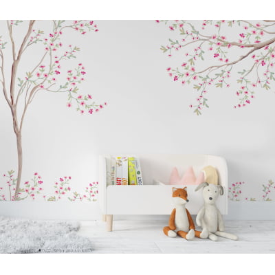 Papel de Parede Infantil Floral arvores flores rosa - VR620