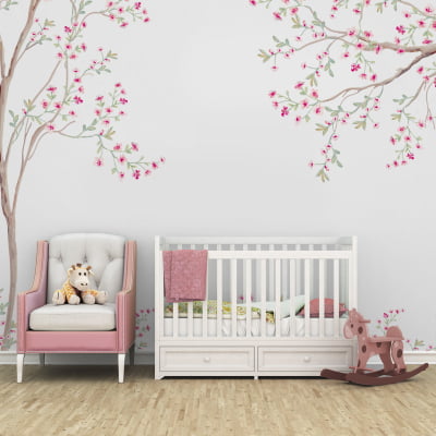 Papel de Parede Infantil Floral arvores flores rosa - VR620