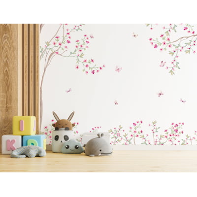 Papel de Parede Infantil Floral arvores flores rosa - VR620