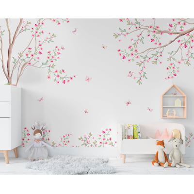 Papel de Parede Infantil Floral arvores flores rosa - VR620