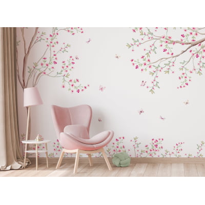 Papel de Parede Infantil Floral arvores flores rosa - VR620