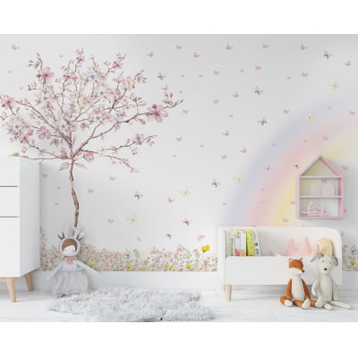 Papel de Parede Infantil Floral com Árvores e Arco-Íris - VR522
