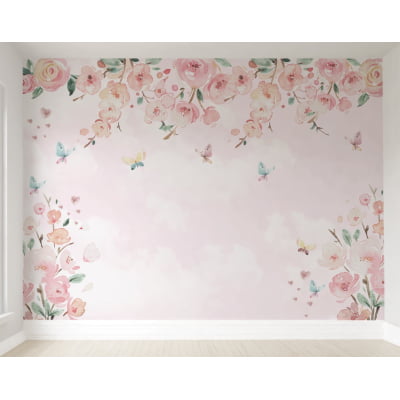 Papel de Parede Infantil Floral com Borboletas