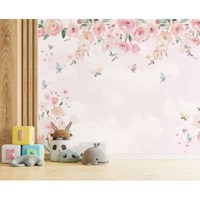 Papel de Parede Infantil Floral com Borboletas