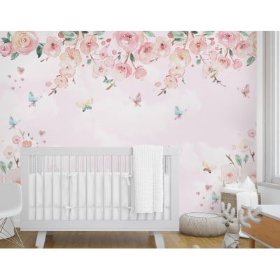 Papel de Parede Infantil Floral com Borboletas