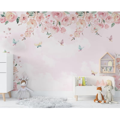 Papel de Parede Infantil Floral com Borboletas