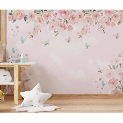 Papel de Parede Infantil Floral com Borboletas