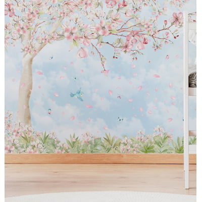 Papel de Parede Infantil Floral com Pássaros