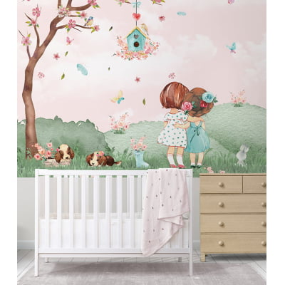 Papel de Parede Infantil Fofo Meninas Jardim Borboletas - VR518