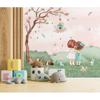 Papel de Parede Infantil Fofo Meninas Jardim Borboletas