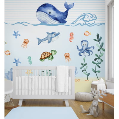 Papel de parede Infantil Fundo do Mar Peixes Baleias Azul - VR47