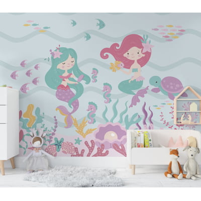 Papel de Parede Infantil Fundo do Mar sereias Peixinhos Tartaruga feminino oceano - VR641