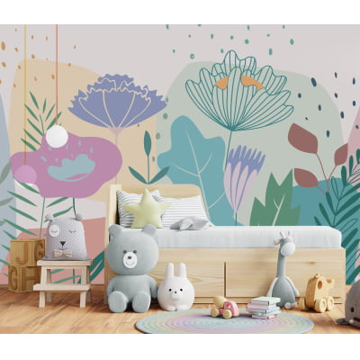 Papel de Parede Infantil jardim floral folagens coloridas - VR653