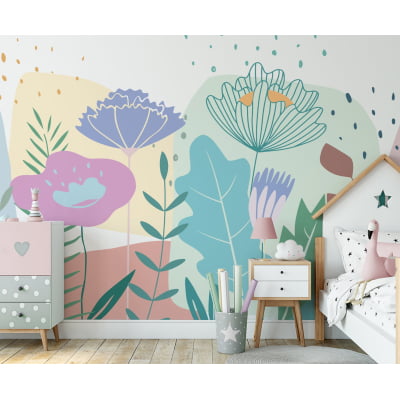 Papel de Parede Infantil jardim floral folagens coloridas - VR653