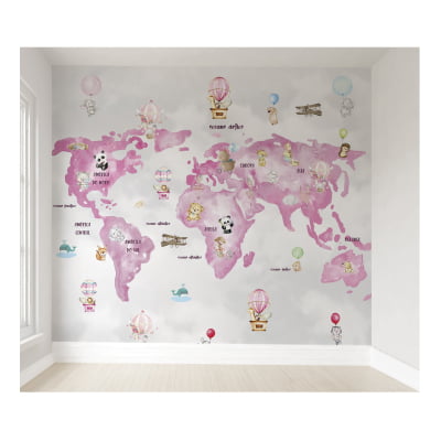 Papel de Parede Mapa Mundi Rosa