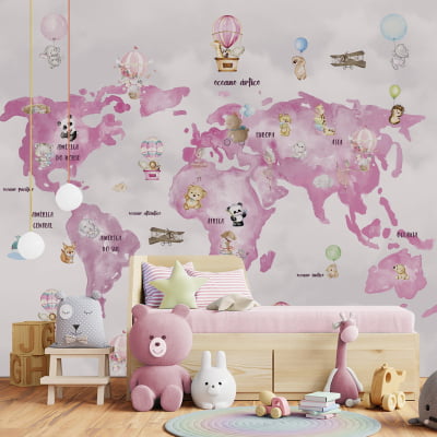 Papel de Parede Mapa Mundi Rosa