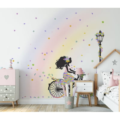 Papel de Parede Infantil Menina na Bicicleta Floral arco-íris - VR589