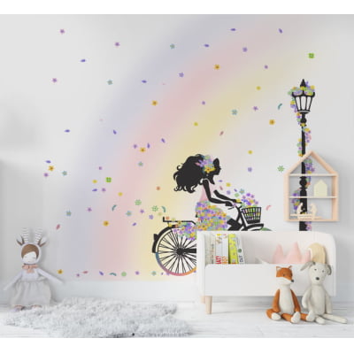 Papel de Parede Infantil Menina na Bicicleta Floral arco-íris - VR589