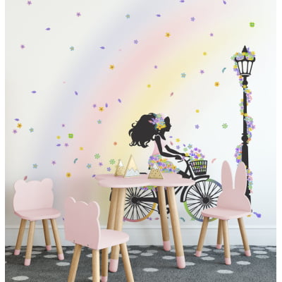 Papel de Parede Infantil Menina na Bicicleta Floral arco-íris - VR589