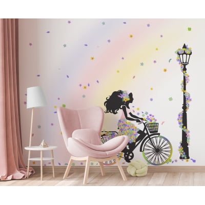 Papel de Parede Infantil Menina na Bicicleta Floral arco-íris - VR589