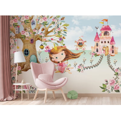 Papel de Parede Infantil Menina Princesa no Balanço com Flores - VR345