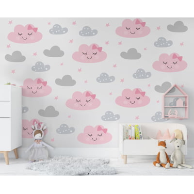 Papel de Parede Infantil nuvens coloridas rosa feminino - VR651