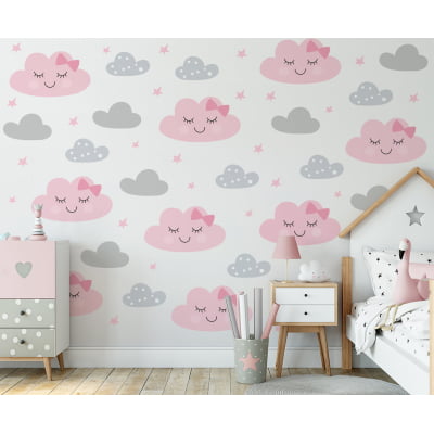 Papel de Parede Infantil nuvens coloridas rosa feminino - VR651