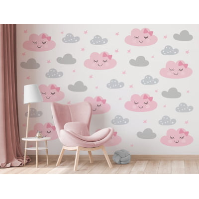 Papel de Parede Infantil nuvens coloridas rosa feminino - VR651