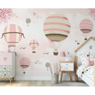 Papel de Parede infantil quarto balões rosa floral - VR673