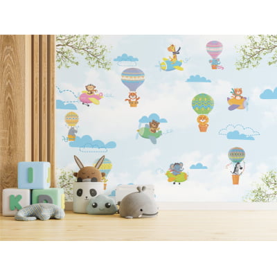 Papel de Parede Infantil Safari animais aviadores baloeiros Vegetação - VR649