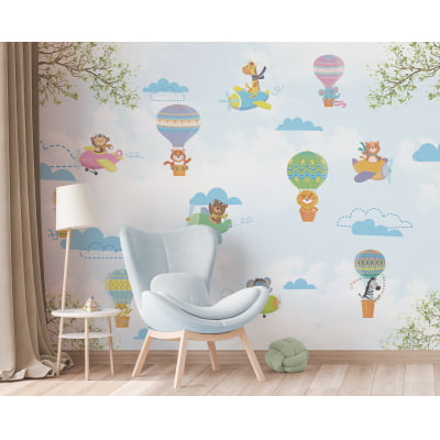 Papel de Parede Infantil Safari animais aviadores baloeiros Vegetação - VR649