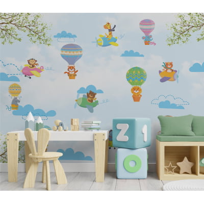 Papel de Parede Infantil Safari animais aviadores baloeiros Vegetação - VR649